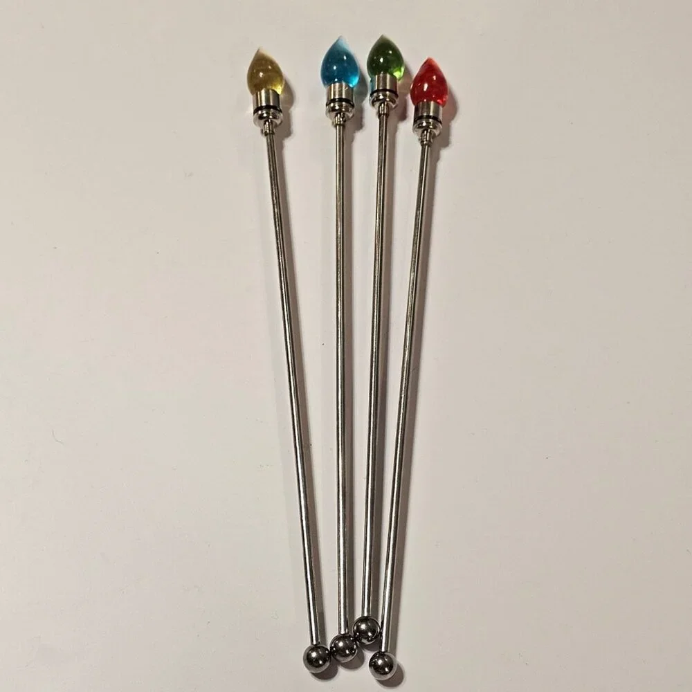 Twos Company Christmas Light Drink Stirrers Stainless Steel Multicolor Bulbs